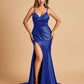 Satin Mermaid V-neck Prom Dresses Spaghetti Straps Side Slit Floor Length