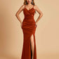 Sexy Satin Mermaid Bridesmaid Dresses Spaghetti Straps V-neck Side Slit Floor Length