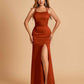 Satin Mermaid Long Bridesmaid Dresses Spaghetti Straps Scoop Side Slit Criss-cross Back