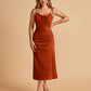 Sexy Satin Midi Prom Dresses Spaghetti Straps Slip Scoop Side Slit