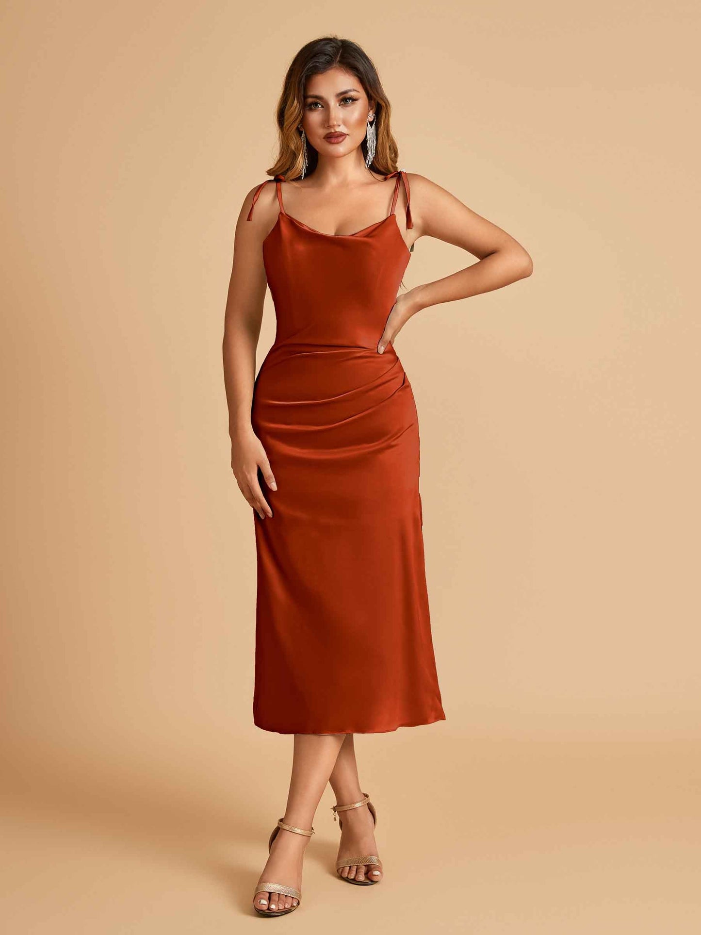 Sexy Satin Midi Prom Dresses Spaghetti Straps Slip Scoop Side Slit