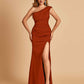 Satin One-shoulder Bridesmaid Dresses Mermaid Side Slit Sleeveless Floor Length