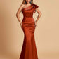 Satin One-shoulder Bridesmaid Dresses Ruffle Sleeves Mermaid Floor Length For Sale