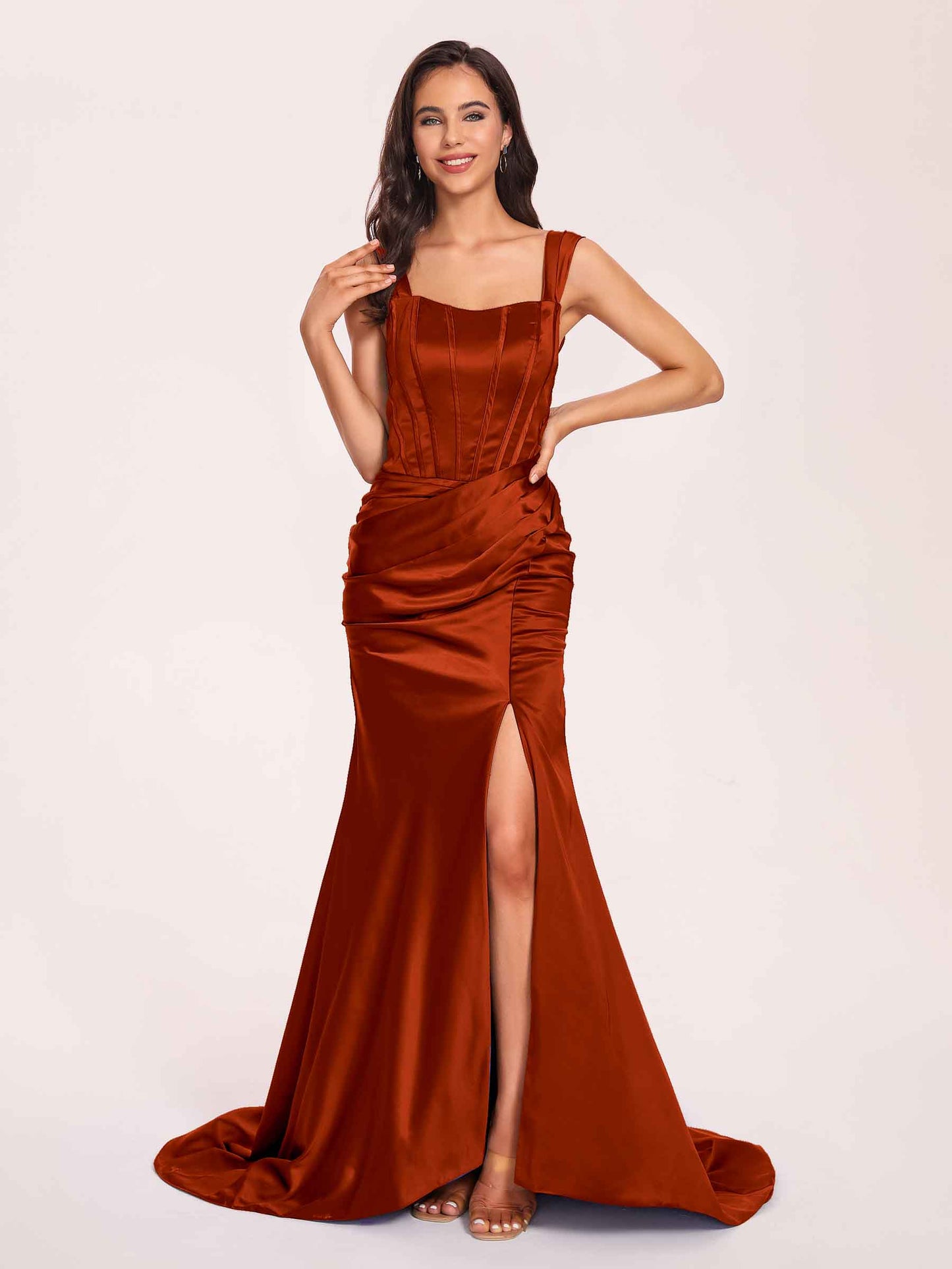 Sexy Satin Square Mermaid Bridesmaid Dresses Pleats Side-Slit Floor-Length Sleeveless