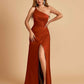 Satin One Shoulder Sheath Prom Dresses Spaghetti Straps Side Slit Floor Length
