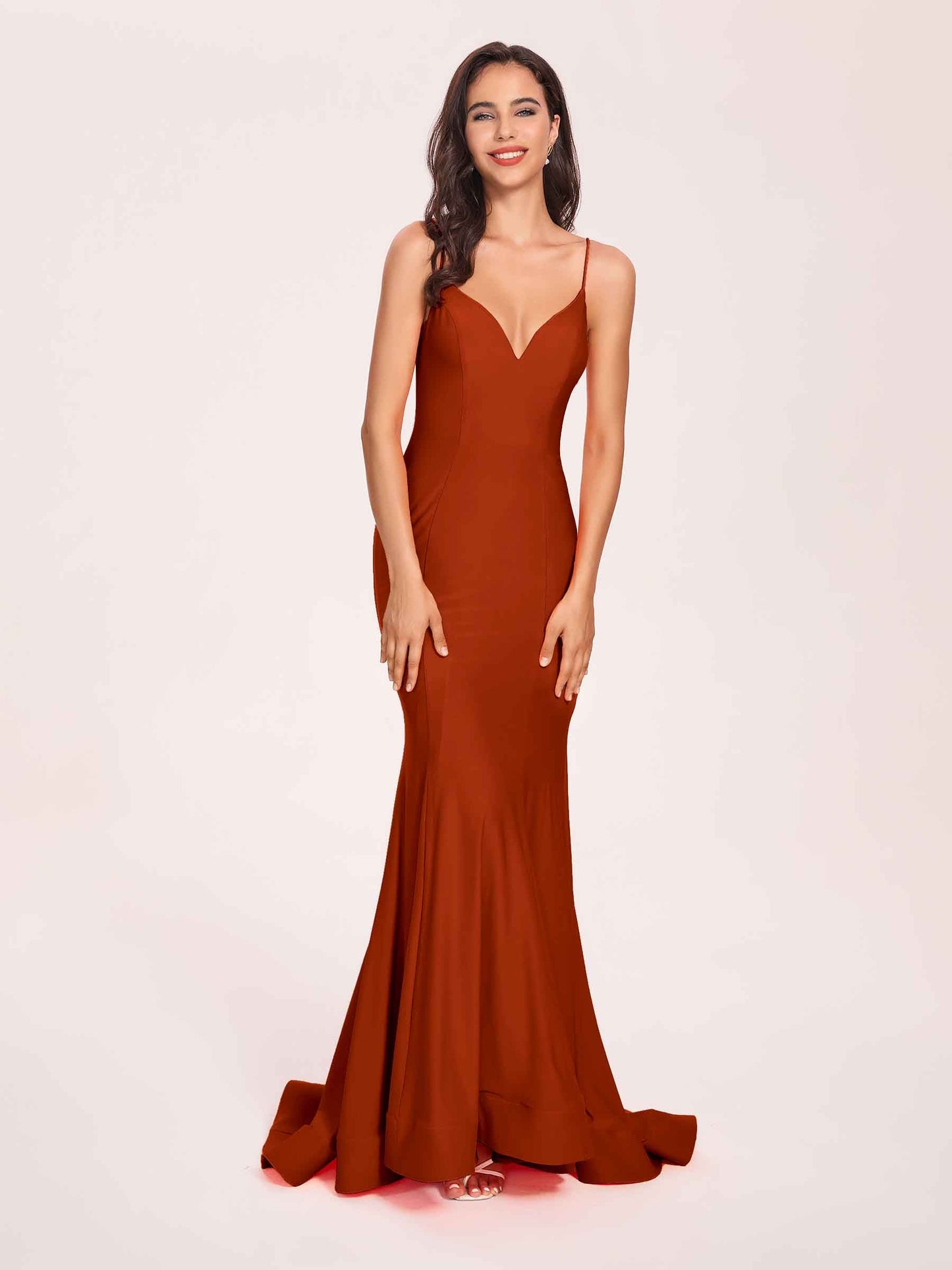Sexy Satin Mermaid Prom Dresses Spaghetti Straps V-neck Floor Length Lace-up Back