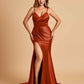 Satin Mermaid V-neck Bridesmaid Dresses Spaghetti Straps Side Slit Floor Length