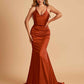 Sexy Satin Mermaid Prom Dresses Spaghetti Straps V-neck Pleats Floor Length