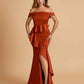 Satin Mermaid Off Shoulder Bridesmaid Dresses With Ruffles Side Slit Floor Length