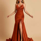 Sexy Satin Mermaid Open Back Prom Dresses Spaghetti Straps V-neck Side Slit