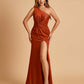 Unique Satin One Shoulder Sheath Bridesmaid Dresses Open Back Side Slit Floor Length