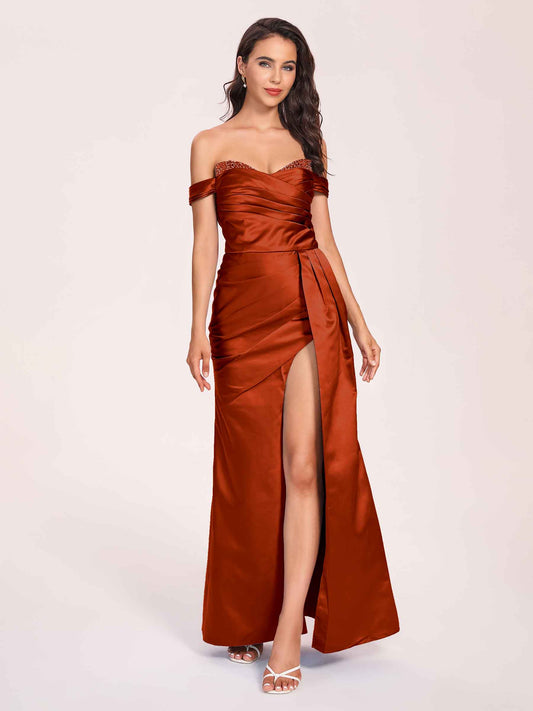 Elegant Satin Off Shoulder Bridesmaid Dresses Side-slit Sweetheart Floor Length Sheath