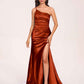 Satin One-shoulder Mermaid Prom Dresses Side Slit Pleats Floor Length