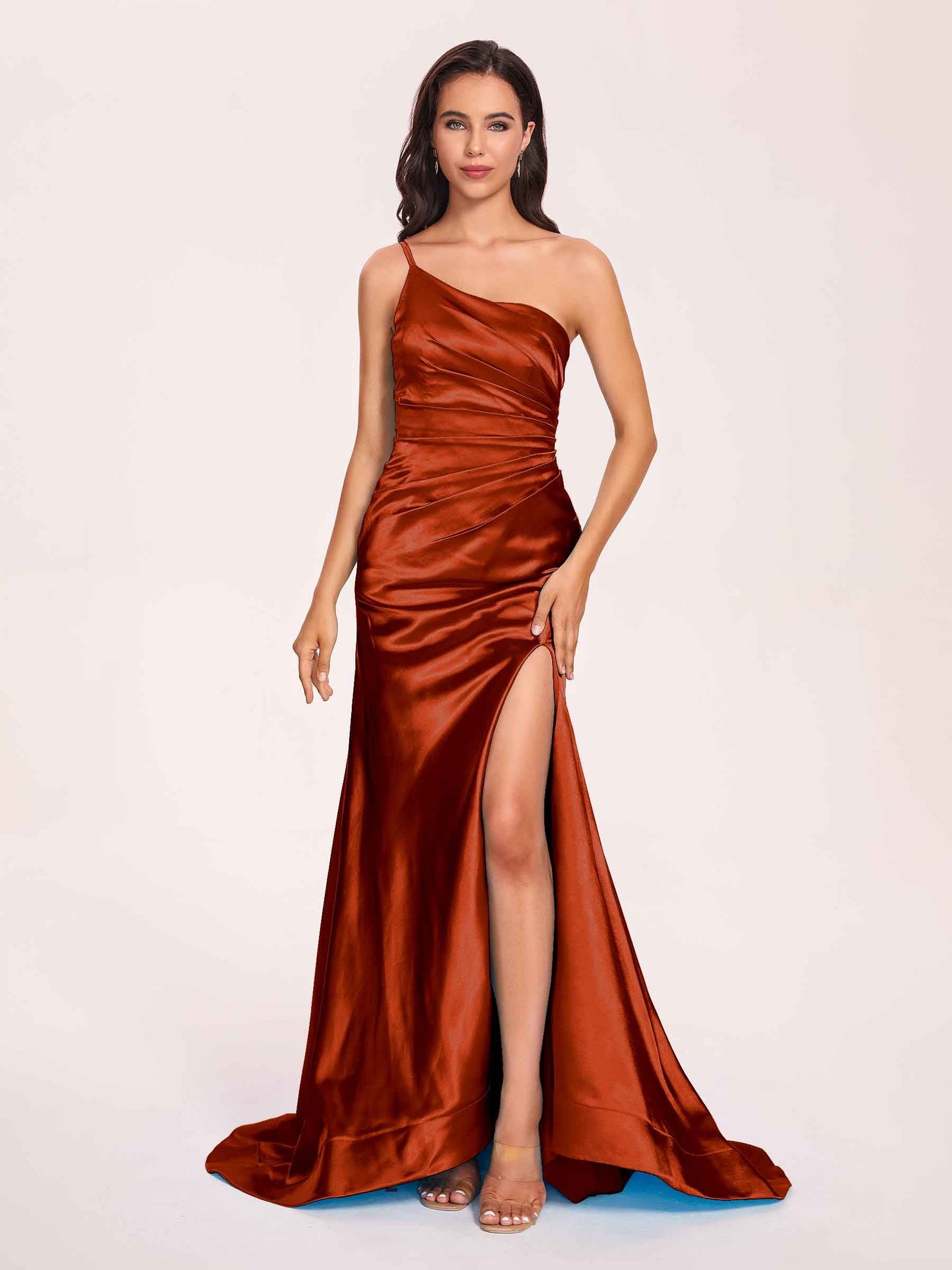 Satin One-shoulder Mermaid Prom Dresses Side Slit Pleats Floor Length