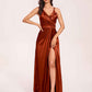Sexy Satin A-line Prom Dresses Spaghetti Straps Side Slit V-neck Floor Length