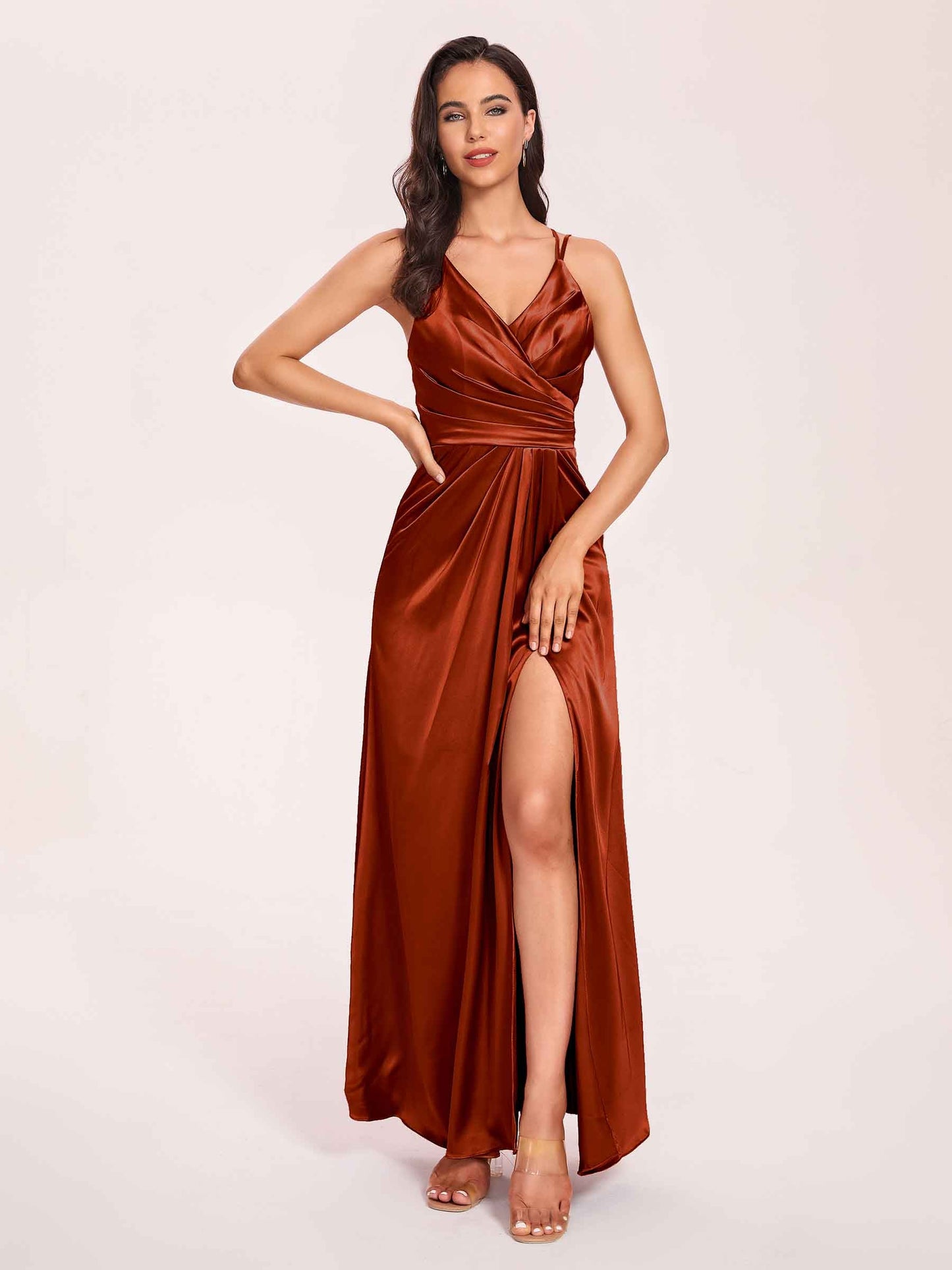 Sexy Satin A-line Prom Dresses Spaghetti Straps Side Slit V-neck Floor Length