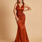 Sexy Satin Criss-cross Back Bridesmaid Dresses Mermaid Deep V-neck Back Pleats Floor Length