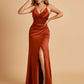 Sexy Satin Sheath Bridesmaid Dresses Spaghetti Straps V-neck Side Slit Pleats Floor Length