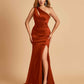 Sexy Satin Key Hole Bridesmaid Dresses One Shoulder Key Hole Floor Length Sheath For Sale