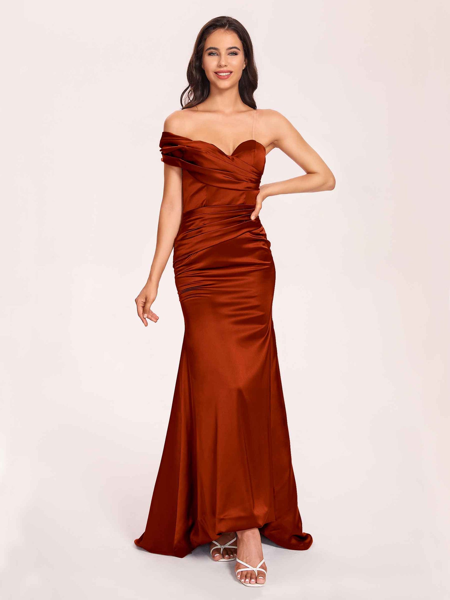 Satin One-shoulder Bridesmaid Dresses Pleats Floor Length Mermaid Long