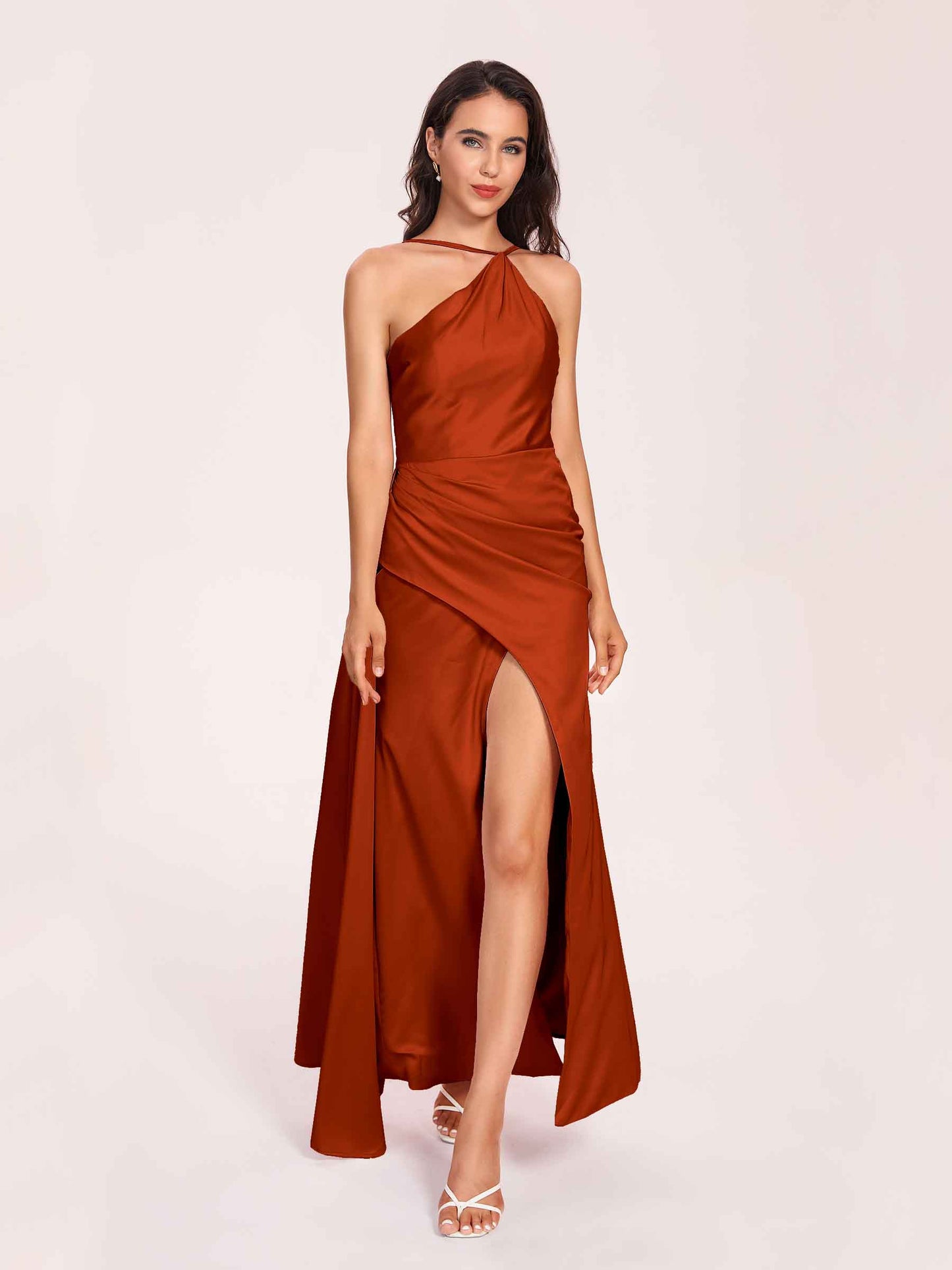 Sexy Satin Halter Strap Sheath Bridesmaid Dresses Side Slit Pleats Floor Length