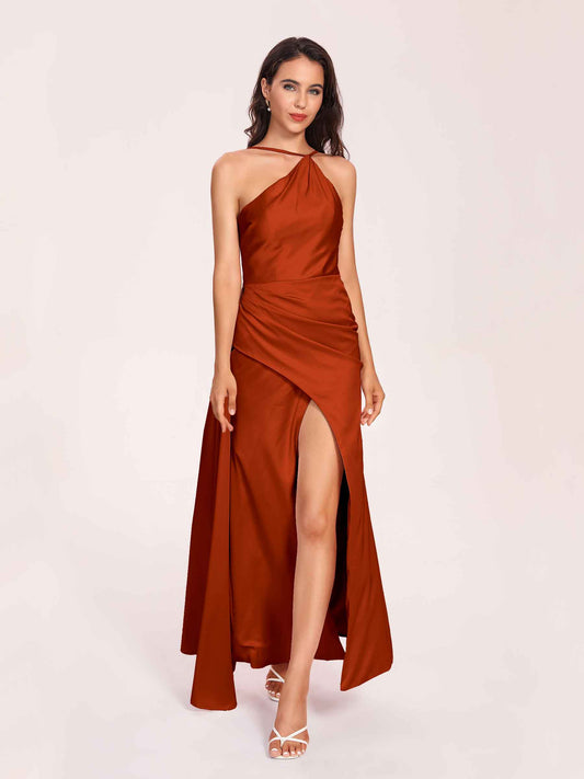 Sexy Satin Halter Strap Sheath Bridesmaid Dresses Side Slit Pleats Floor Length