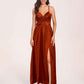 Satin Spaghetti Straps A-line Bridesmaid Dresses Side Slit Floor Length