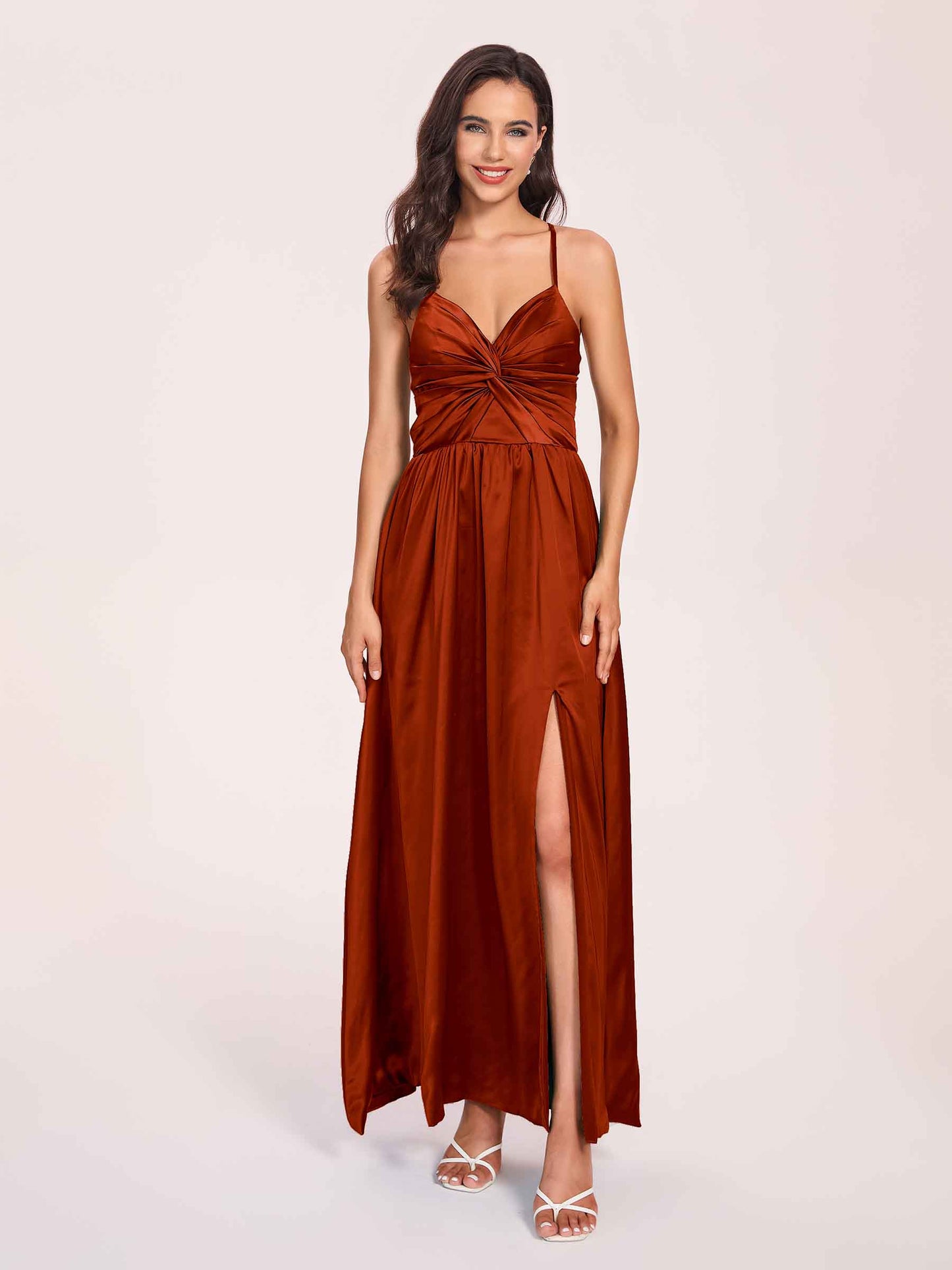 Satin Spaghetti Straps A-line Bridesmaid Dresses Side Slit Floor Length