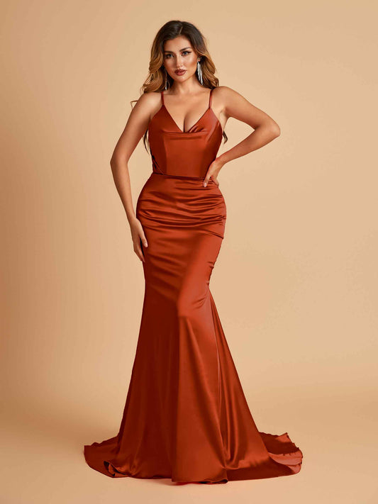 Sexy Satin Mermaid Bridesmaid Dresses Spaghetti Straps V-neck Pleats Floor Length