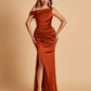 Unique Satin One Shoulder Bridesmaid Dresses Side Slit Half Open Back Floor Length
