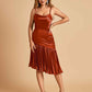 Sexy Satin Midi Asymmetrical Bridesmaid Dresses Spaghetti Straps Mermaid With Ruffles