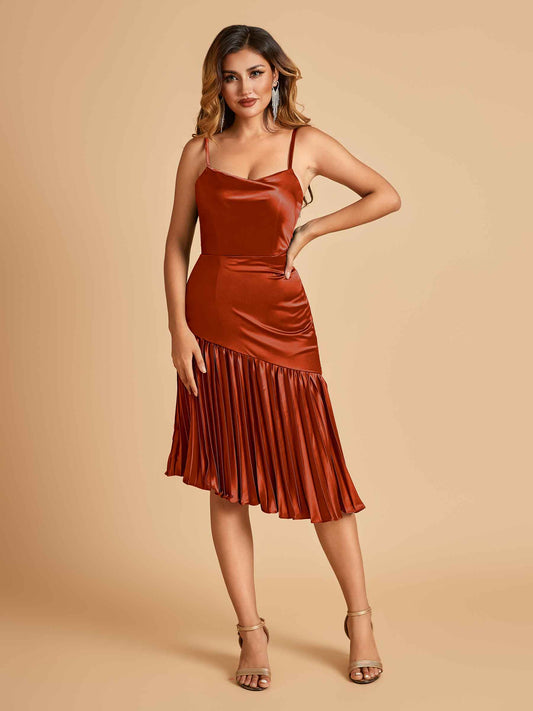Sexy Satin Midi Asymmetrical Bridesmaid Dresses Spaghetti Straps Mermaid With Ruffles