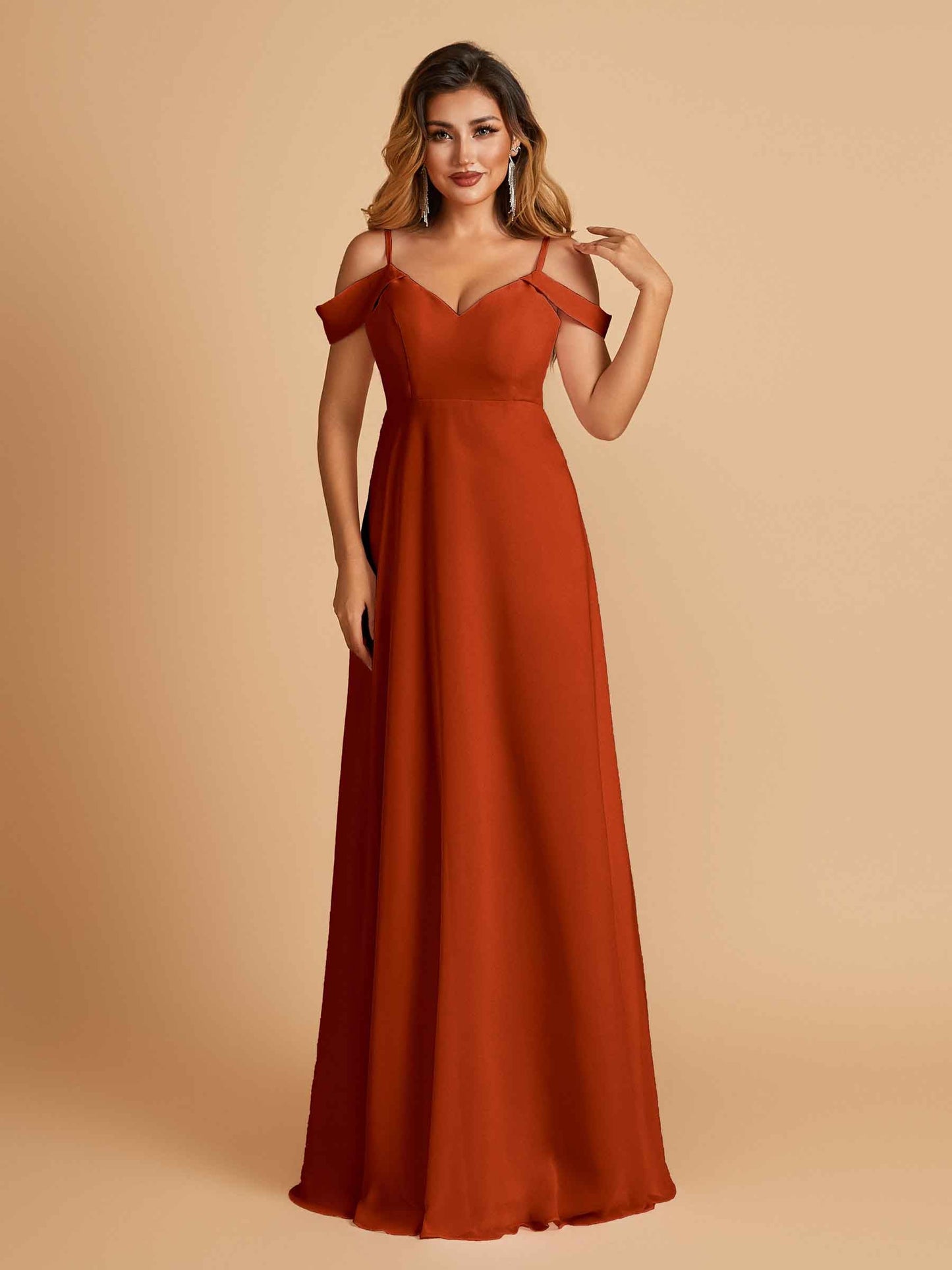 Chiffon Off-shoulder Long Bridesmaid Dresses V-neck Floor Length A-line For Sale