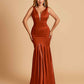 Satin Deep V-neck Mermaid Bridesmaid Dresses Half Open Back Floor Length