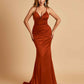 Satin Mermaid Open-back Bridesmaid Dresses Spaghetti Straps V-neck With Pleats Floor Length