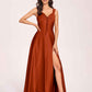 Satin V-neck A-line Prom Dresses Side slit Floor Length
