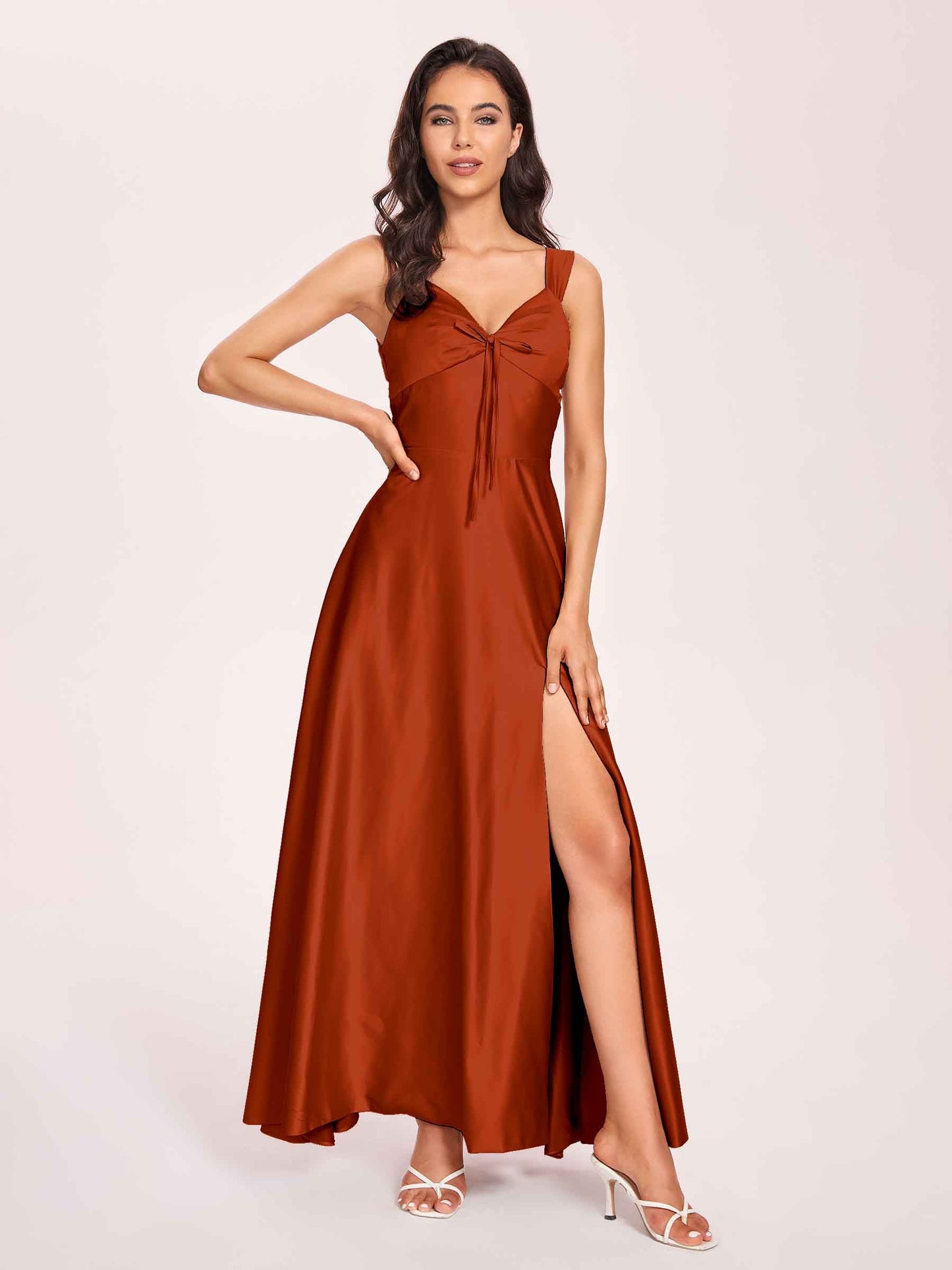 Satin V-neck A-line Prom Dresses Side slit Floor Length