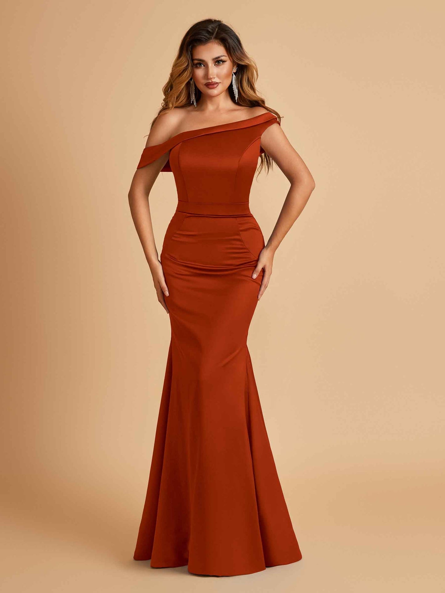 Charming Satin Off Shoulder Mermaid Prom Dresses Straps Floor Length