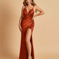 Sexy Satin Spaghetti Straps Prom Dresses V-neck Side Slit Pleats Floor Length Sheath