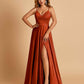 Satin A-line Long Prom Dresses Spaghetti Straps V-neck Side Slit Floor Length