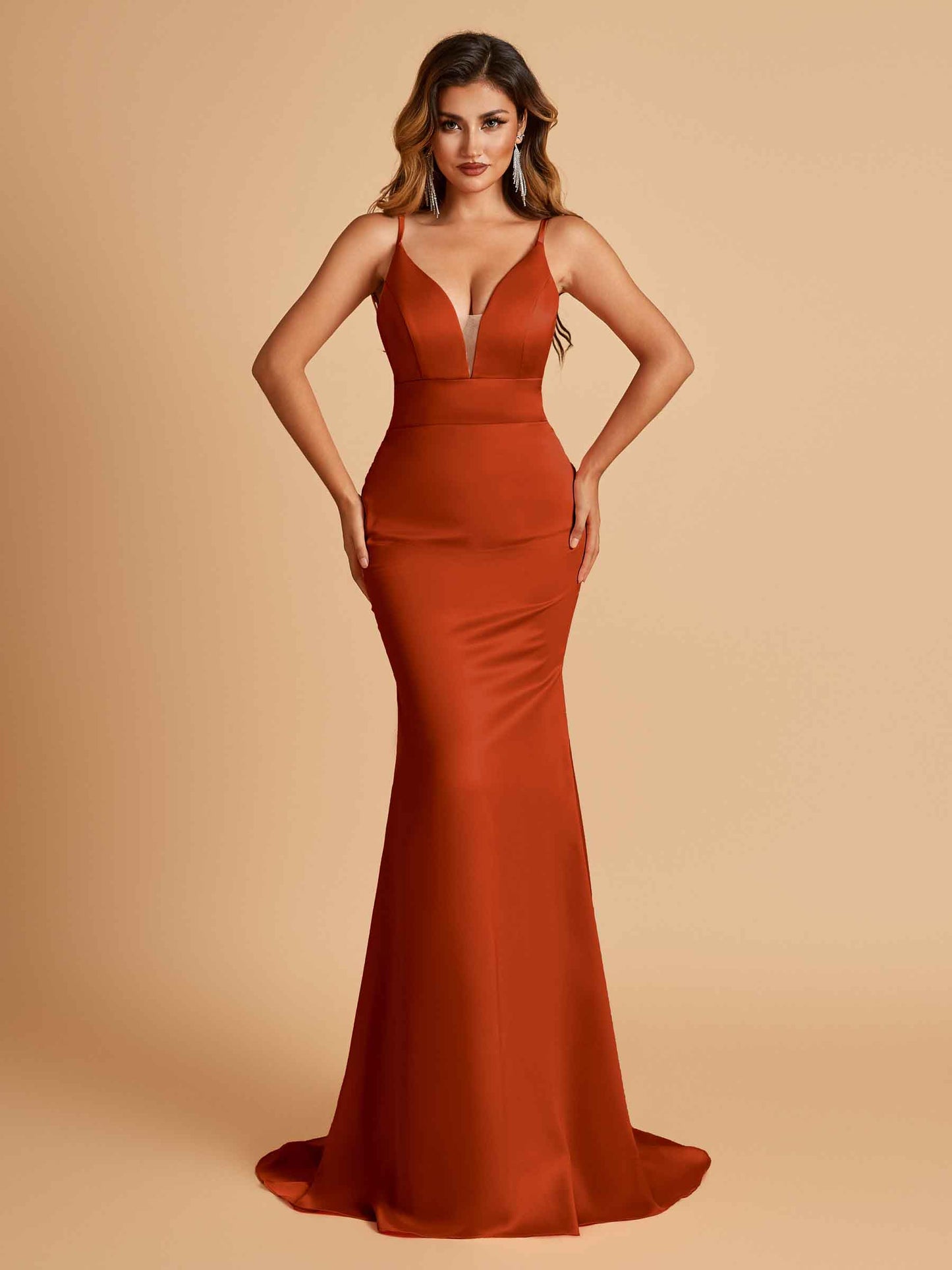 Satin Deep V-neck Mermaid Bridesmaid Dresses Open Back Floor Length