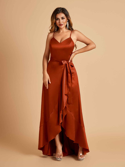 Satin Asymmetric V-neck Bridesmaid Dresses Sleeveless Side Slit A-line Unique