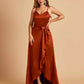 Satin Asymmetric V-neck Bridesmaid Dresses Sleeveless Side Slit A-line Unique For Sale