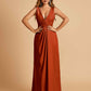 Sexy Satin Deep V-neck Long Bridesmaid Dresses A-line Pleats Sleeveless Floor Length
