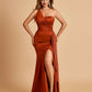 Satin One Shoulder Mermaid Bridesmaid Dresses Side Slit Floor Length