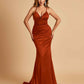 Satin Mermaid Open-back Prom Dresses Spaghetti Straps V-neck With Pleats Floor Length