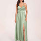Satin Spaghetti Straps A-line Bridesmaid Dresses Side Slit Floor Length