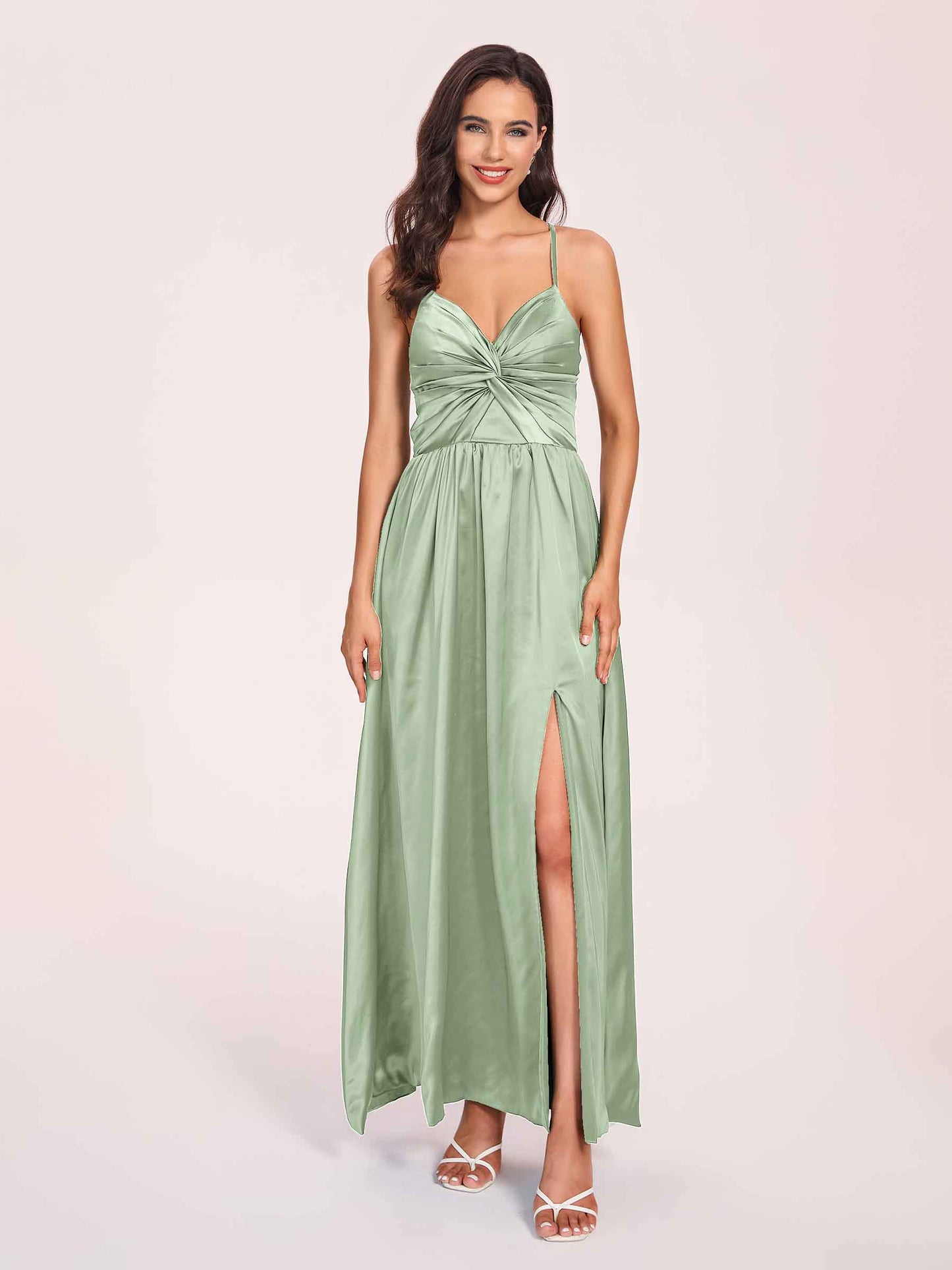 Satin Spaghetti Straps A-line Bridesmaid Dresses Side Slit Floor Length