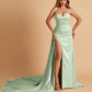 Sexy Satin Sheath Prom Dresses Spaghetti Straps Sweetheart Side Slit With Train