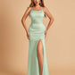 Satin Mermaid Long Bridesmaid Dresses Spaghetti Straps Scoop Side Slit Criss-cross Back